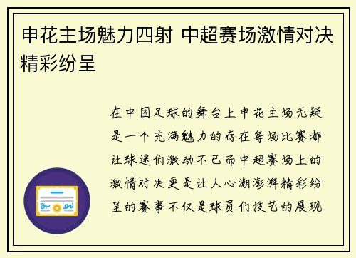 申花主场魅力四射 中超赛场激情对决精彩纷呈