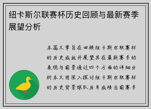 纽卡斯尔联赛杯历史回顾与最新赛季展望分析