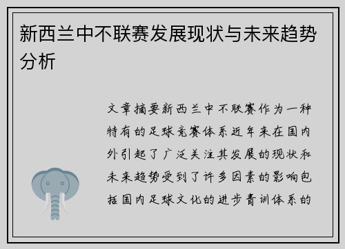 新西兰中不联赛发展现状与未来趋势分析
