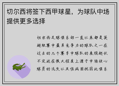 切尔西将签下西甲球星，为球队中场提供更多选择