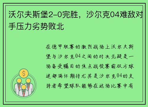 沃尔夫斯堡2-0完胜，沙尔克04难敌对手压力劣势败北